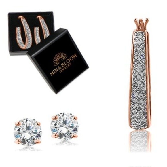 2 Pairs 18K Rose Gold Plated Swarovski Crystal Set - Picture 1 of 3